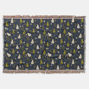 Green Pear Watercolor Pattern on Dark Blue Throw Blanket
