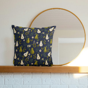 Green Pear Watercolor Pattern on Dark Blue Throw Pillow