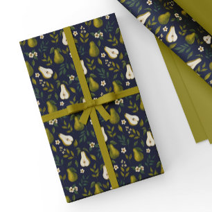 Green Pear Watercolor Pattern on Dark Blue Wrapping Paper