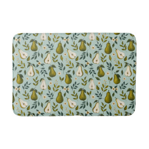 Green Pear Watercolor Pattern on Dusty Blue  Bath Mat