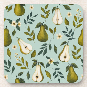 Green Pear Watercolor Pattern on Dusty Blue Beverage Coaster