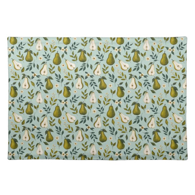 Green Pear Watercolor Pattern on Dusty Blue  Cloth Placemat (Front)