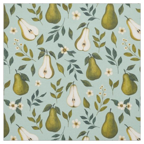 Green Pear Watercolor Pattern on Dusty Blue  Fabric