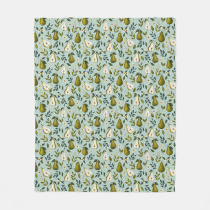 Green Pear Watercolor Pattern on Dusty Blue  Fleece Blanket