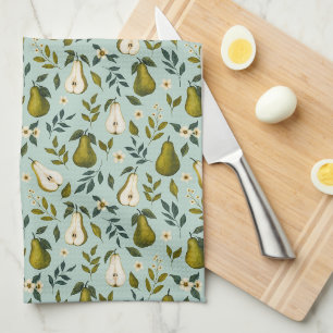 Green Pear Watercolor Pattern on Dusty Blue  Kitchen Towel