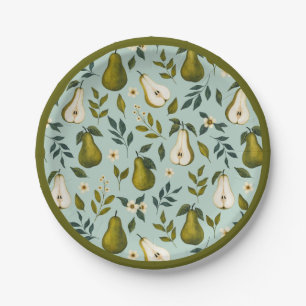 Green Pear Watercolor Pattern on Dusty Blue Paper Plates