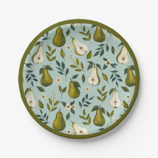 Green Pear Watercolor Pattern on Dusty Blue Paper Plates