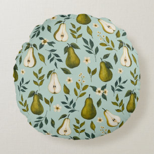 Green Pear Watercolor Pattern on Dusty Blue  Round Pillow