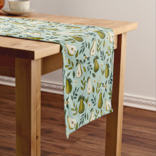 Green Pear Watercolor Pattern on Dusty Blue Short Table Runner