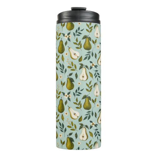 Green Pear Watercolor Pattern on Dusty Blue  Thermal Tumbler