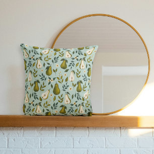 Green Pear Watercolor Pattern on Dusty Blue Throw Pillow