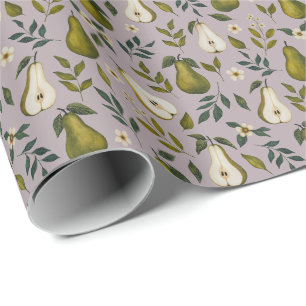 Green Pear Watercolor Pattern on Dusty Lilac Wrapping Paper