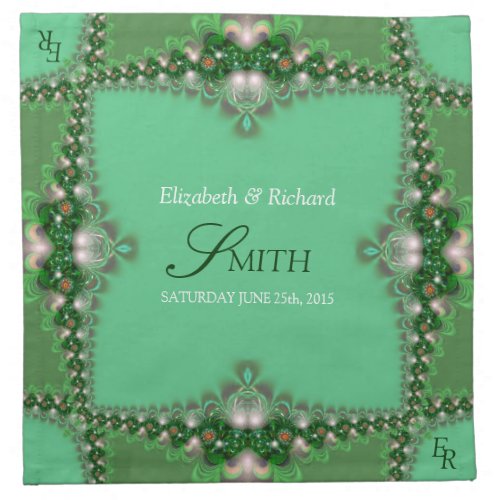 Green Pearl Fractal Lace Monogram Wedding Napkins