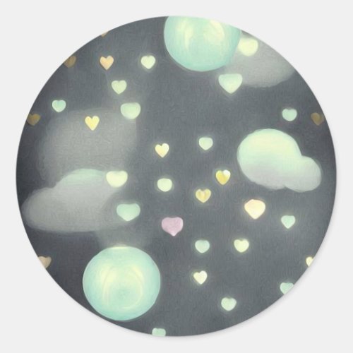 Green Pearly Clouds  Hearts Classic Round Sticker