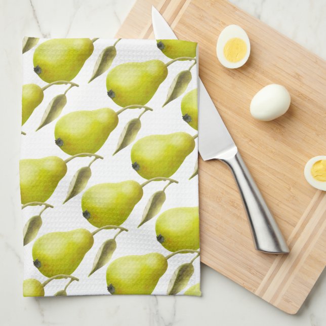 Green Pears on Wjite Kitchen Towel (Quarter Fold)