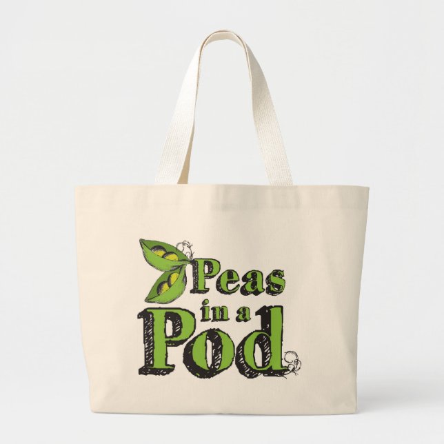 Green Peas Drawing Vegetable Art 2 Peas in a Pod Large Tote Bag (Front)