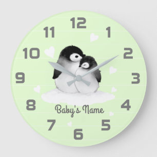 Green Penguins Heart Nursery Decor Wall Clock