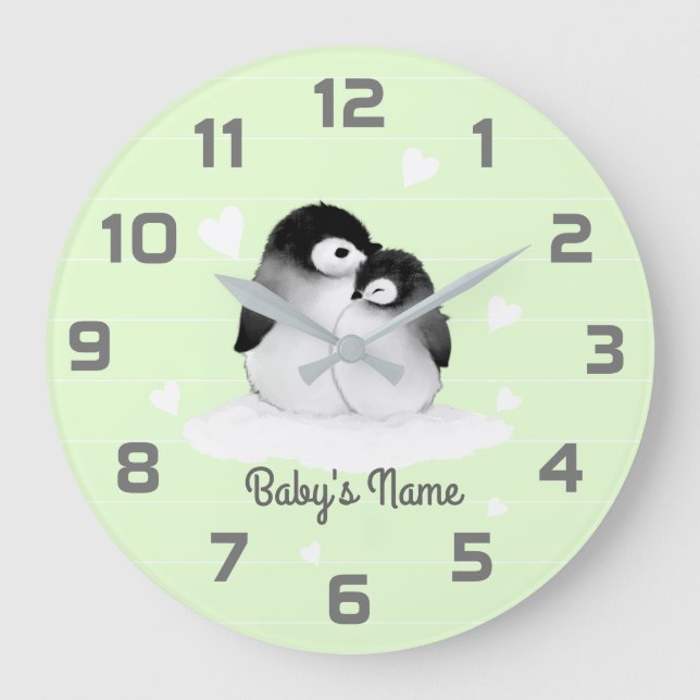 Green Penguins Heart Nursery Decor Wall Clock (Front)
