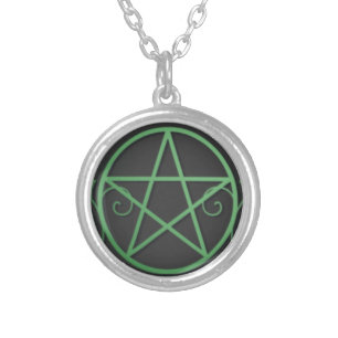 Green pentacle with flourishes silver plated necklace
