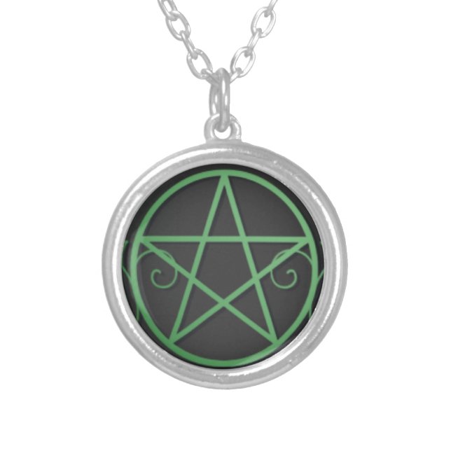 Green pentacle with flourishes silver plated necklace (Front)