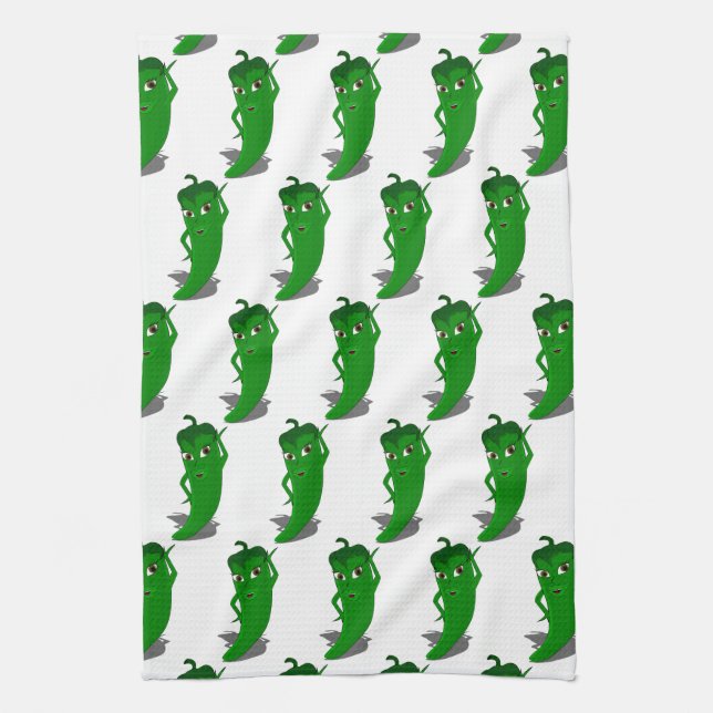 Green Pepper Diva Cartoon Pattern Kitchen Towel (Vertical)