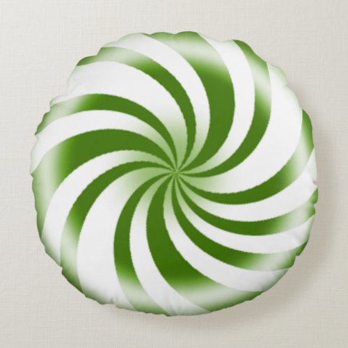 Green Peppermint Candy Swirl Holiday Round Pillow