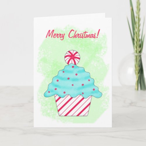 Green Peppermint Cupcake Art Merry Christmas Holiday Card
