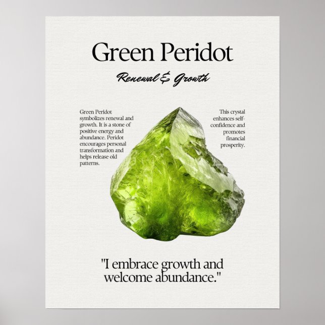 Green Peridot Gem Crystal Meaning Card Poster (Front)