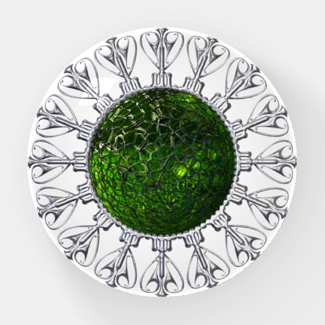 Green Peridot Gemstone Ornate Silver Swirls Paperweight (Front)