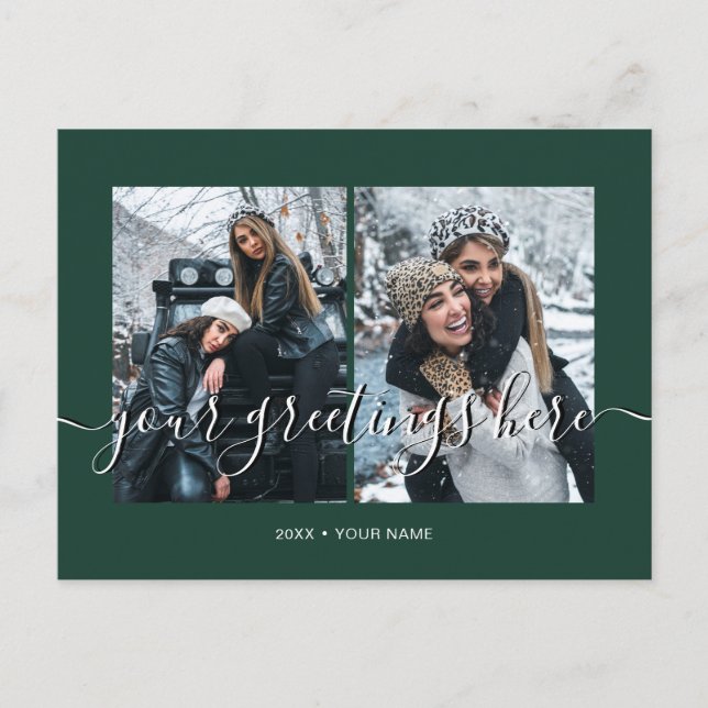 Green Personalized 2 photos Universal Greetings Postcard (Front)