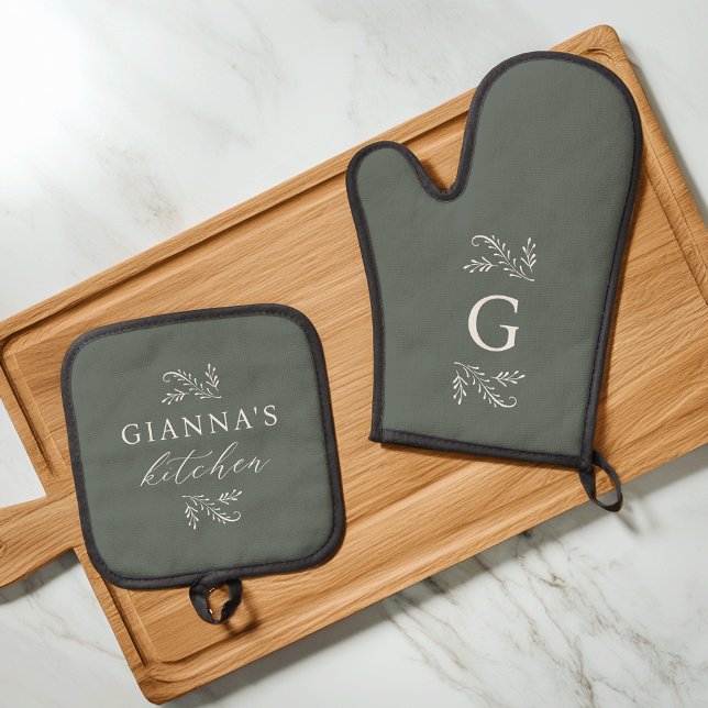 Green | Personalized Botanical Your Name's Kitchen Oven Mitt & Pot Holder Set (Creator Uploaded)