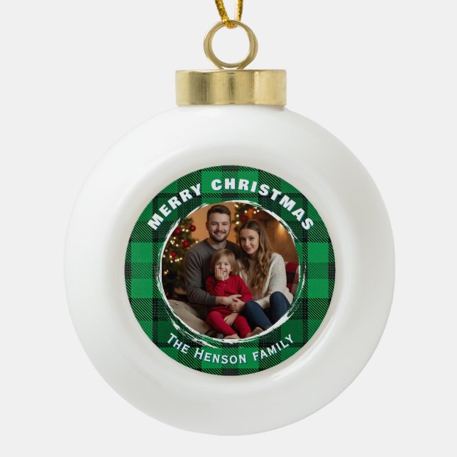 Green Personalized Family Photo Plaid Pattern  Ceramic Ball Christmas Ornament (Front)