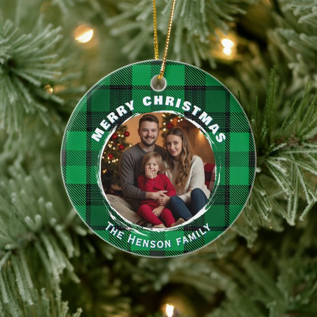Green Personalized Family Photo Plaid Pattern  Ceramic Ornament (Tree)