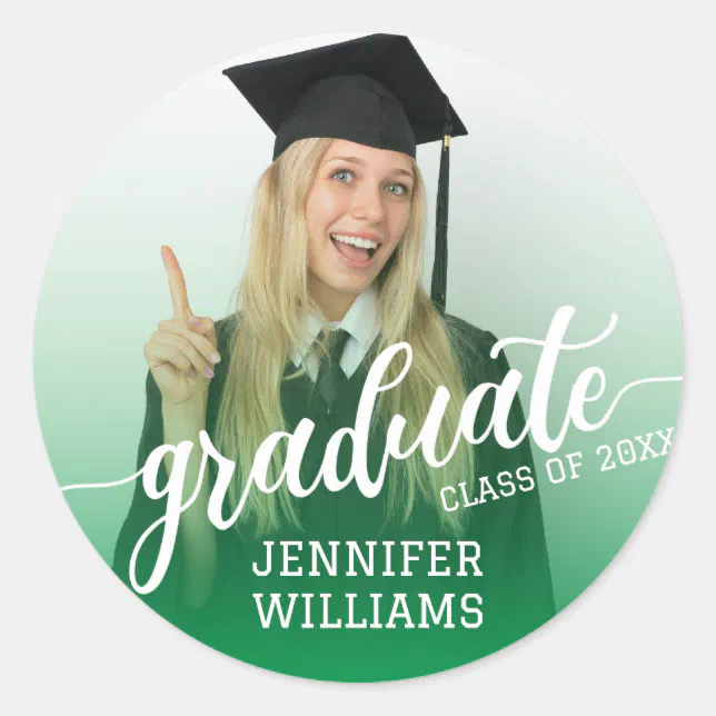 Graduate Photo Sticker Green Personalized Graduation Photo Graduate Party Classic Round ...