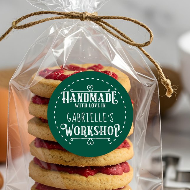 Green Personalized Handmade with Love in Workshop Classic Round Sticker (Green Personalized Handmade with Love in Workshop Classic Round Sticker)