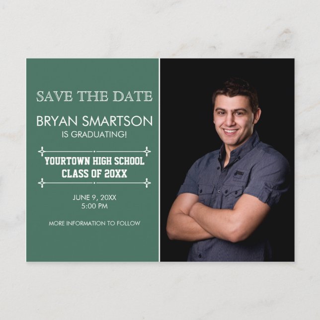 Green Personalized Photo Graduation Save the Date Announcement Postcard (Front)