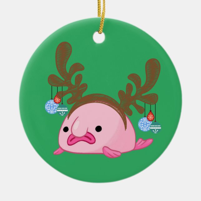 Green Personalized Reindeer Blobfish Ceramic Ornament (Front)