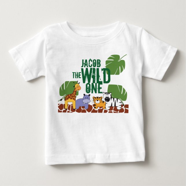 Green Personalized WILD ONE Safari First Birthday Baby T-Shirt (Front)