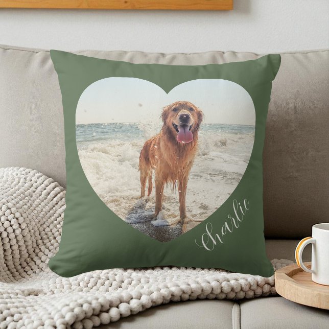 Green Pet Heart Photo Script Cute Personalized Dog Throw Pillow (Green Pet Heart Photo Script Cute Personalized Dog Throw Pillow)