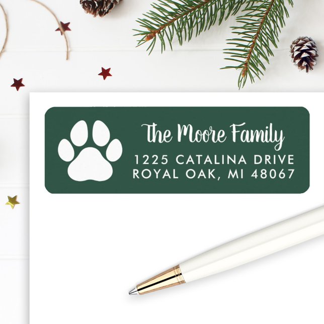 Green Pet Lover Paw Print Holiday Return Address Label (Creator Uploaded)