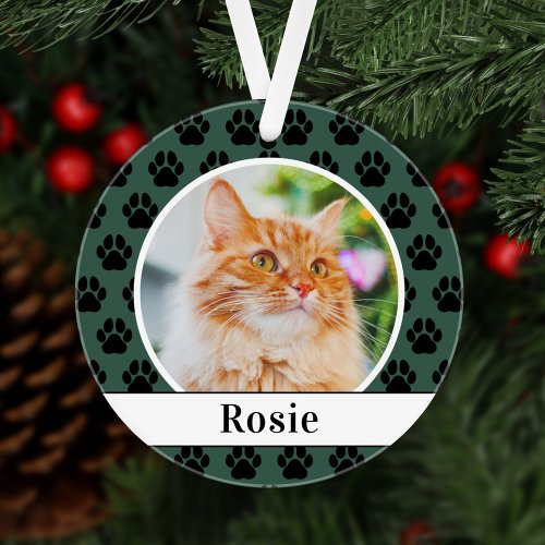 Green Pet Paw Prints Custom Cat Name Photo Ornament