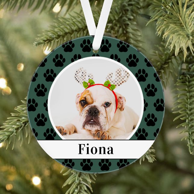 Green Pet Paw Prints Custom Dog Name Photo Ornament (Creator Uploaded)
