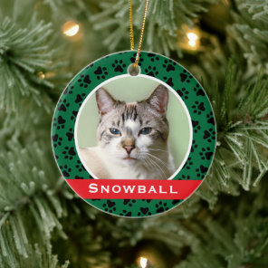 Green Pet Paw Prints Personalized Cat Name Photo Ceramic Ornament