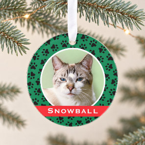 Green Pet Paw Prints Personalized Cat Name Photo Ornament