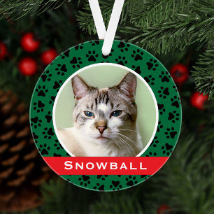 Green Pet Paw Prints Personalized Cat Name Photo Ornament