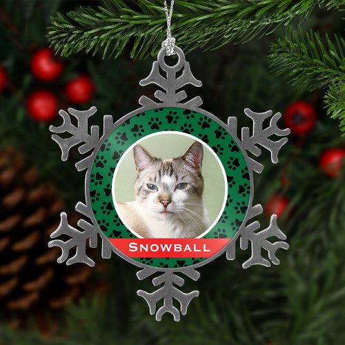 Green Pet Paw Prints Personalized Cat Name Photo Snowflake Pewter Christmas Ornament