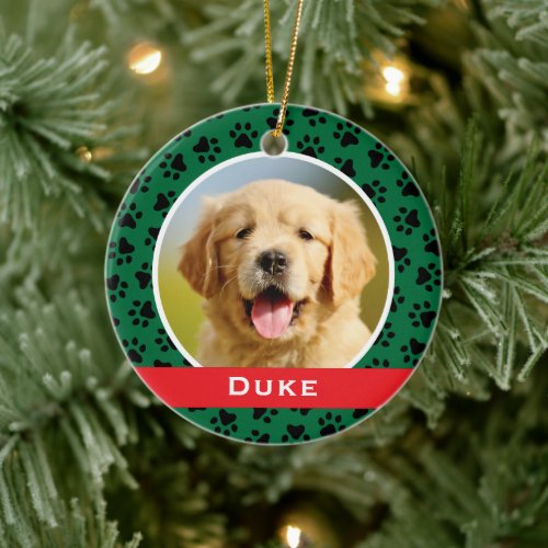 Green Pet Paw Prints Personalized Dog Name Photo Ceramic Ornament