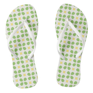 Green petal and yellow square geometric floral flip flops