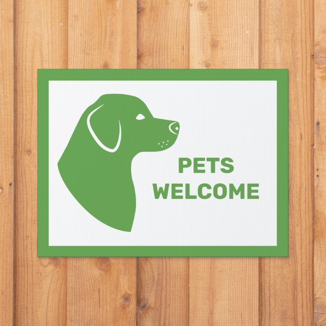 Green Pets Welcome With Cute Dog Head Silhouette Sign (Insitu)