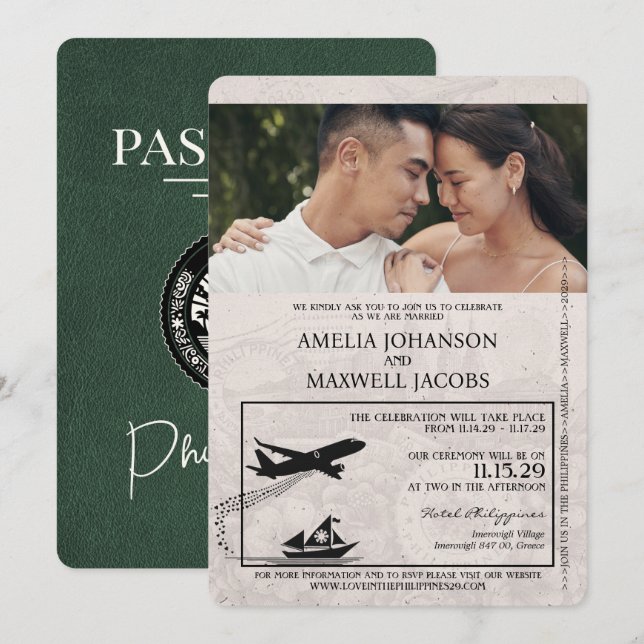 Green Philippines Passport Wedding Invitation (Front/Back)